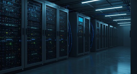 Futuristic Data Center with Server Racks and LED Lights