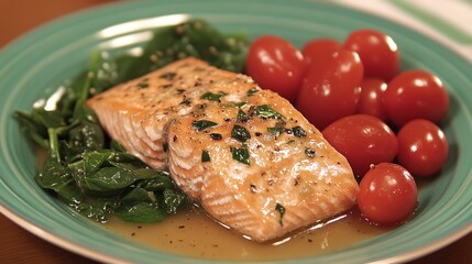 Pan-seared salmon fillet with spinach and cherry tomatoes.