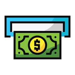 A green dollar bill with a dollar sign inside a yellow circle is emerging from a slot