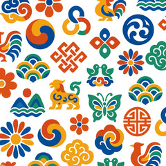 Korean Traditional Pattern Design, Isolated Background. Symbolic Folk Motifs and Colorful Korean Cultural Decorative Graphic