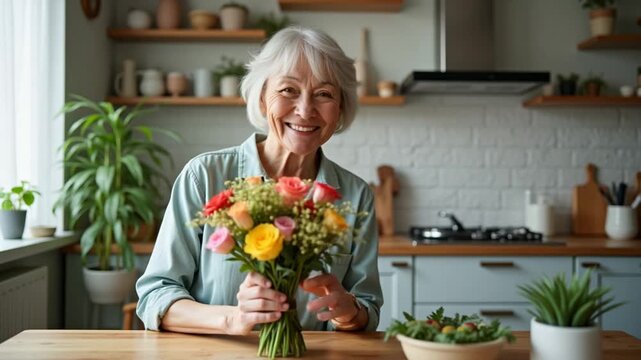 Asian elderly making bouquet flowers on a wooden table in kitchen at home. senior using time relax at home. Lifestyle senior at home concept