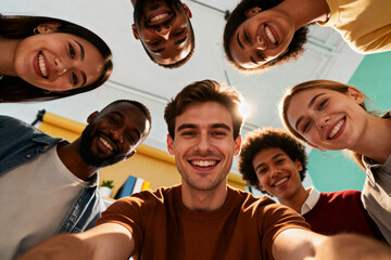 a group of young people with diverse skin tones gathered in a circle, smiling. unity, friendship, inclusivity, and positive social interaction in a warm and uplifting moment.Generated by AI