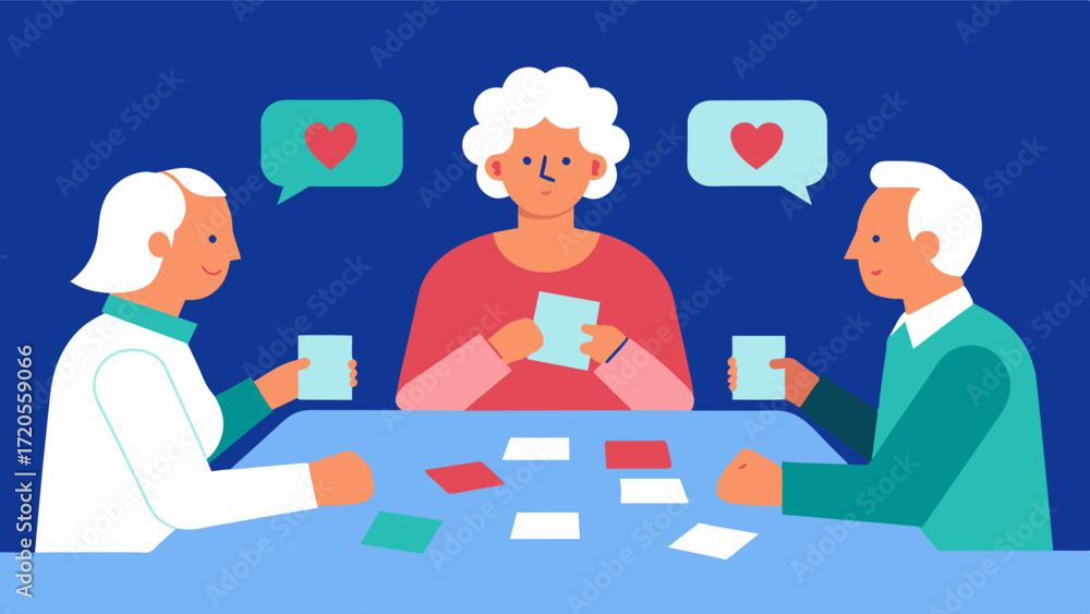 Aufkleber a group of seniors sit around a table matching cards with different shapes on them. this is a classi