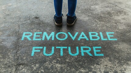 Person standing on pavement with "Removable Future" written on it.