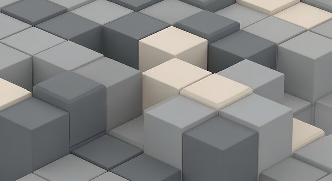 A geometric arrangement of stacked cubes in varying shades of gray and beige creates a visually engaging abstract design.