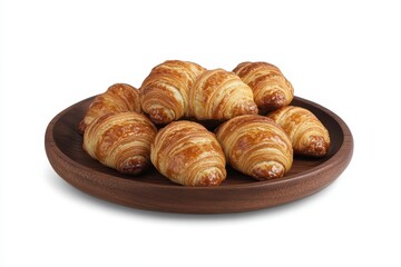 Golden croissants are piled high on a dark wood platter on white. Use for food blogs, bakery menus, and pastry related content.