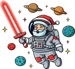 Space Explorer Santa Astronaut Floating with Candy Cane Laser.