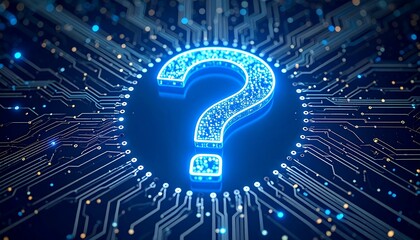Illuminated question mark over a circuit board  AI with problem, solution, and technology background.