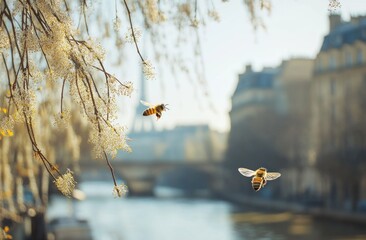 Bees flying near blooming branches, Parisian cityscape background.