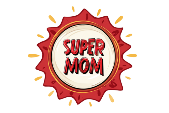 "Super Mom" badge with red sunburst, isolated on white transparent background