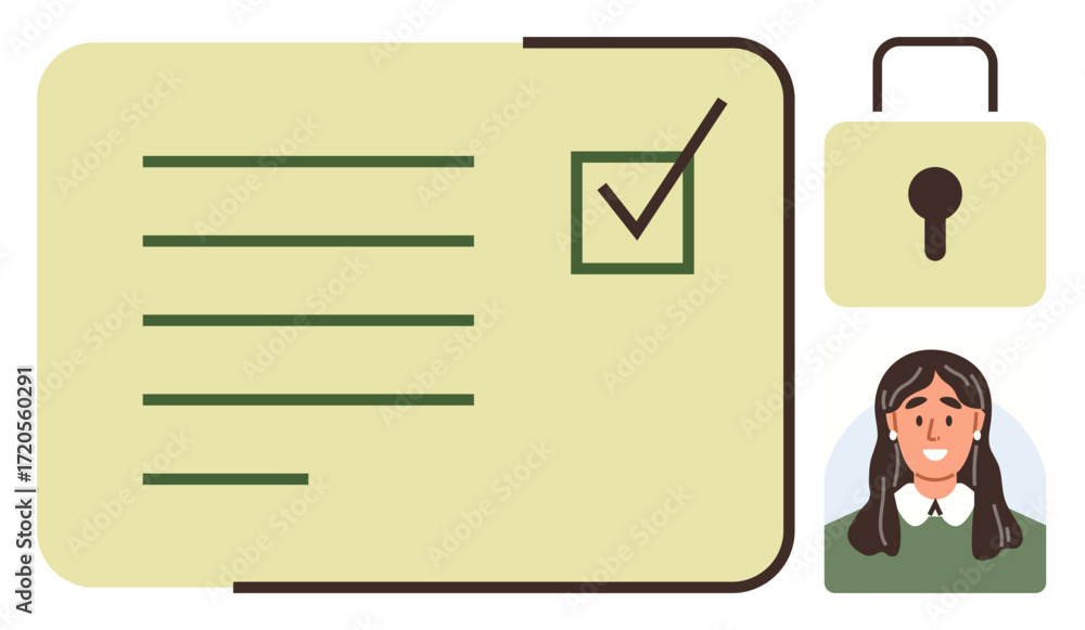 Poster form with check mark, lock symbol, and person portrait emphasize data privacy, account security, use