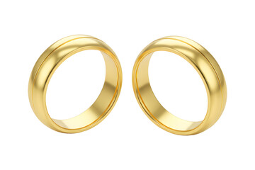 A matching pair of gold rings with a rounded profile and a central raised line. 3d rendering, transparent background