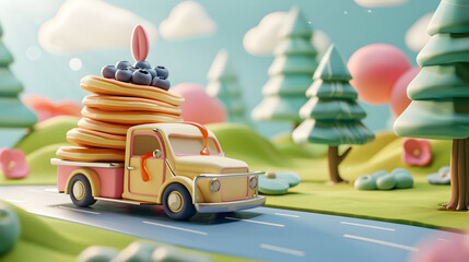 3d Clay illustration of a tiny food truck carry pancake