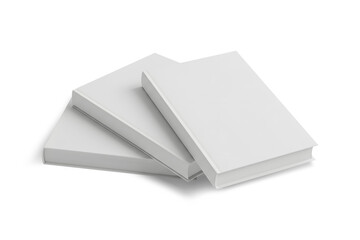 A fan arrangement of three closed hardcover books on a flat surface. White book mock up blank cover template design, transparent background, 3d rendering