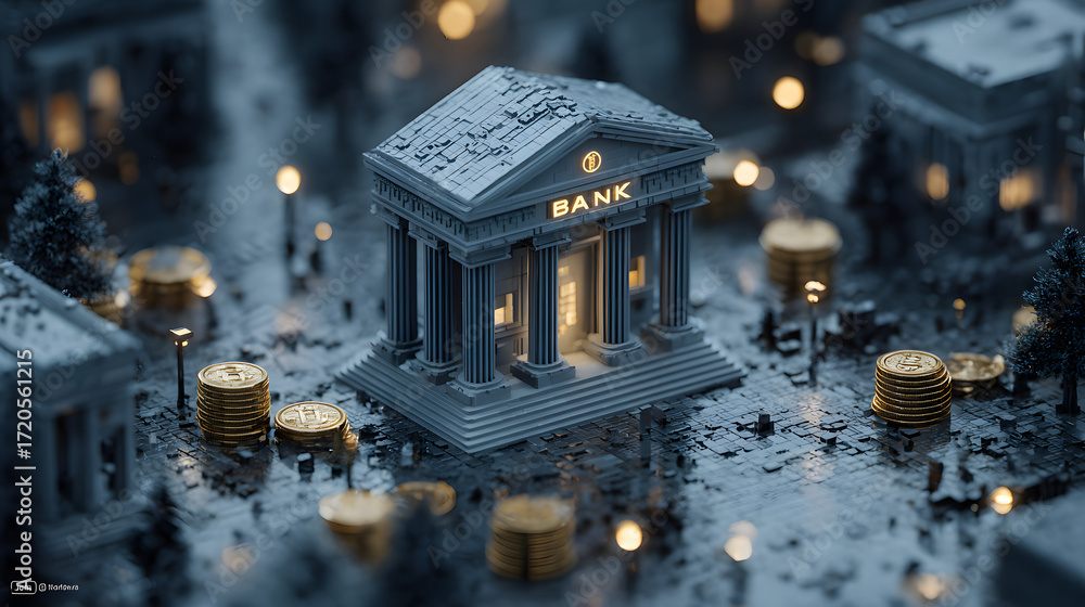 Poster a futuristic decentralized bank with no physical location, operating on blockchain technology and di