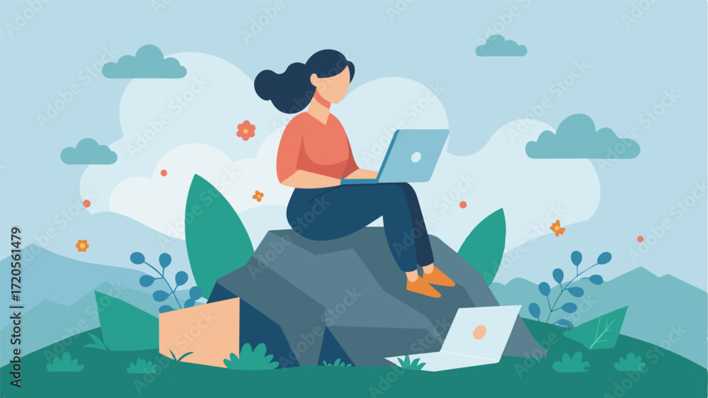 Poster a woman working on spreadsheets while perched atop a large rock in the middle of a tranquil meadow..