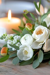 Fototapeta premium White flower arrangement with eucalyptus and burning candle