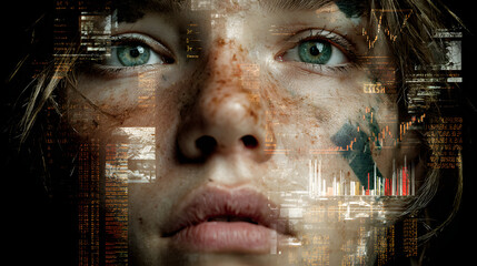 A young woman’s face layered with flashing ad banners and data charts, representing the commodification of personal data.