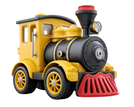 Yellow toy train engine black and red accents playful design photo realistic kids play element cheerful isolated on transparency background classic locomotive style