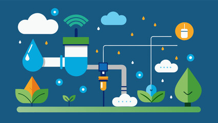 Fototapeta premium A smart sprinkler system connected to IoT weather stations adjusting watering patterns based on realtime weather data to ensure water efficiency.. Vector illustration