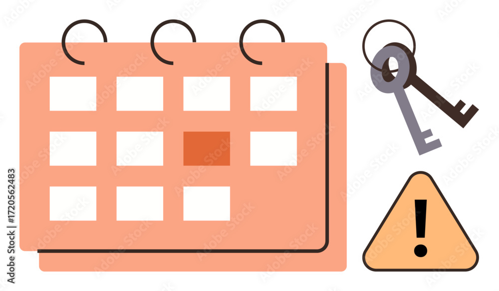Aufkleber calendar featuring highlighted date, keys symbolizing access or responsibility, and warning triangle