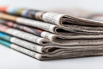 Stacked Newspapers CloseUp Rolled Edges and Headlines on White Background for News Coverage