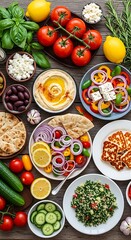 A vibrant overhead view of a bountiful mediterranean mezze platter featuring a variety of fresh ingredients and delicious dips arranged on a rustic wooden table