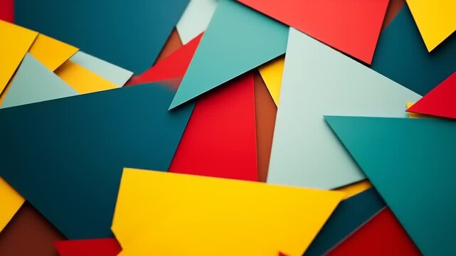 Abstract geometric design featuring a vibrant array of overlapping triangles in bold red, yellow, teal, and light teal colors.