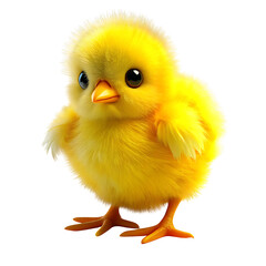 Obraz premium Adorable fluffy yellow chick with large dark eyes and orange beak cutout png isolated on a transparent background 1