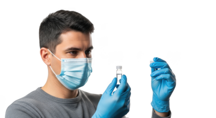 Healthcare professional wearing mask and gloves holding a vaccine vial isolated on transparent background