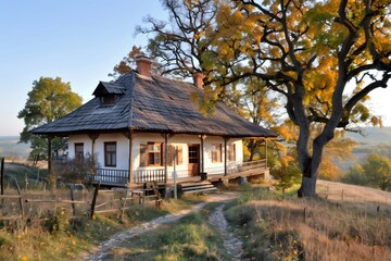 Traditional Romanian house standing on a hill in autumn