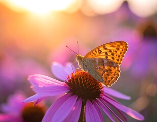 Butterfly on a flower at sunset