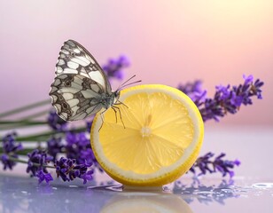 Butterfly on a lemon slice with lavender