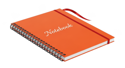 A bright orange spiral bound notebook with a red elastic band and ribbon marker isolated on transparent background