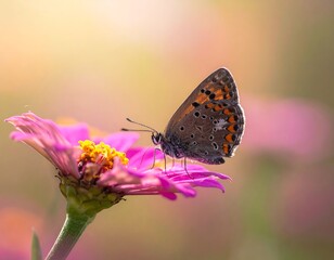 Butterfly on a pink flower in soft sunlight