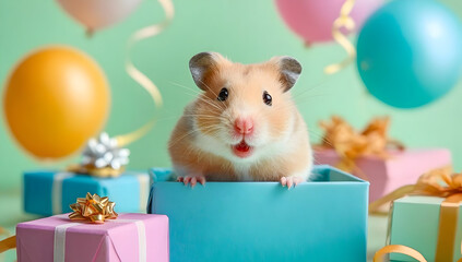 Fototapeta premium A cute hamster peeks out of a gift box surrounded by colorful balloons and presents.