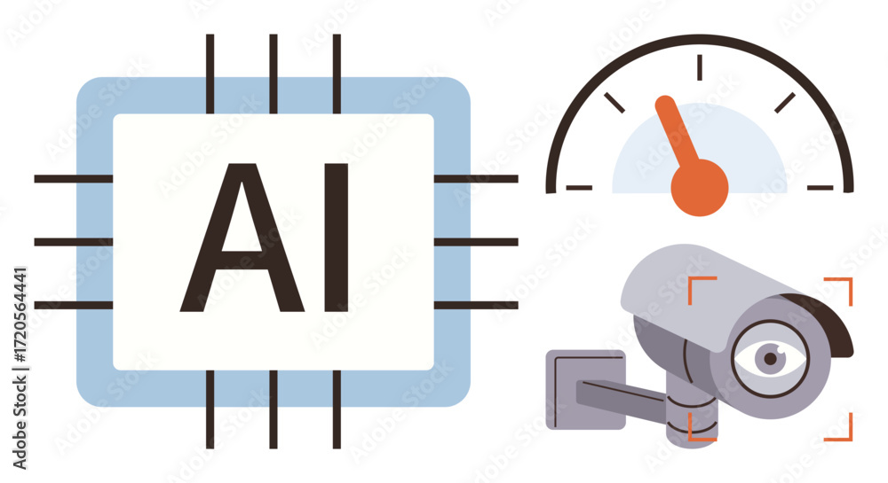 Poster ai processor chip, security camera, and speedometer visualize smart surveillance, system efficiency,