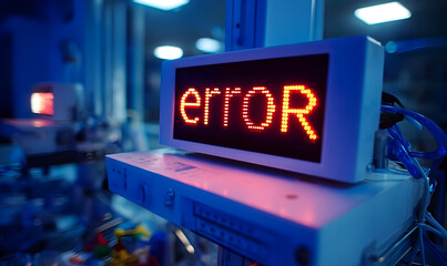 A blue illuminated error sign on a digital display in a tech environment.