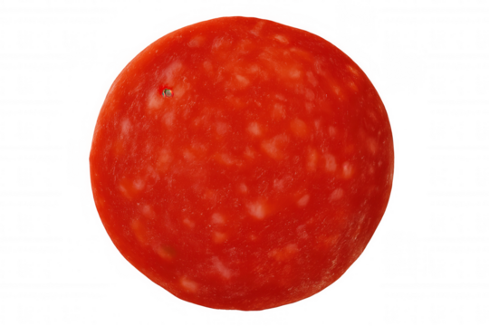 Pepperoni slice isolated on transparent background, top view showing round shape and red cured meat texture