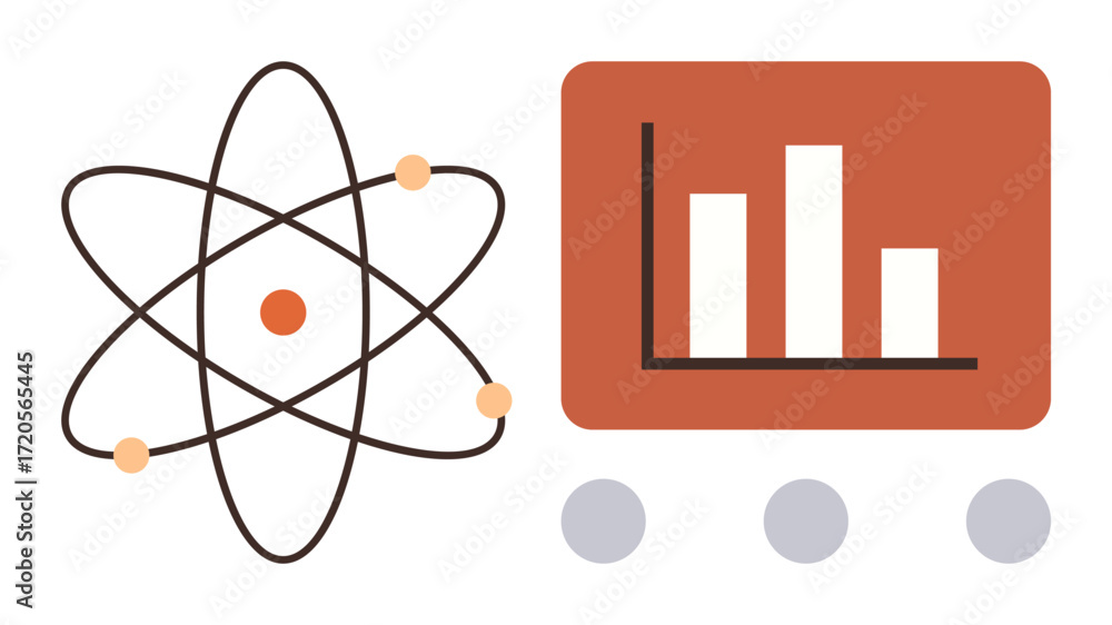 Poster atomic structure with orbiting electrons next to bar graph on a monitor, combining science and data.