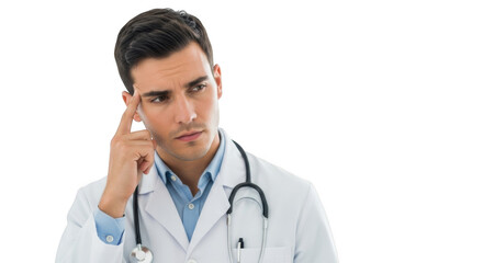 Fototapeta premium Young male doctor in white coat with stethoscope thinking deeply isolated on transparent background