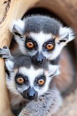 Obraz premium Two ring-tailed lemurs peeking from tree hollow