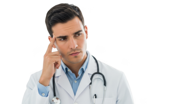 Young male doctor in white coat with stethoscope thinking deeply isolated on transparent background