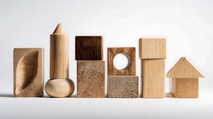Stacked Wooden Building Blocks, Geometric Shapes, Toys for Children, Isolated on White