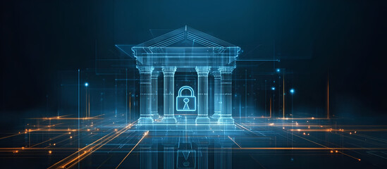A digital bank building with a secure lock, symbolizing cybersecurity and finance.