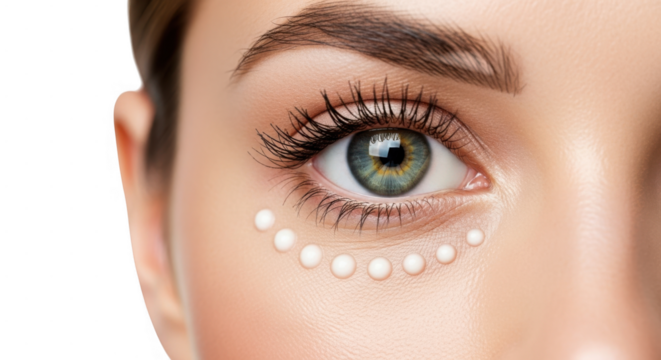 Closeup of a womans eye with cream dots under it, isolated on transparent background