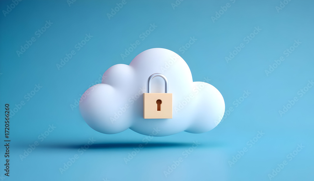 Poster a digital cloud with a padlock symbolizing data security and privacy in the cloud.