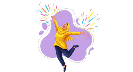 Joyful young woman in yellow hoodie jumping with colorful fireworks isolated on transparent background
