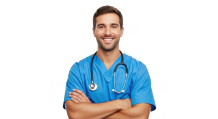 Smiling male doctor wearing blue scrubs and stethoscope isolated on transparent background