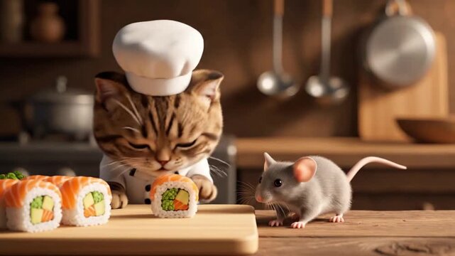 A curious cat wearing a chef's hat examines sushi rolls on a wooden cutting board next to a cautious mouse in a kitchen.